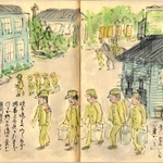 上等兵に引率され、炊事場で食事を受け取って戻る初年兵