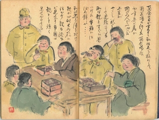 家族と面会し、ぼた餅を頰張る初年兵たち