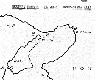 第３８任務部隊が作成した、１９４５年７月２４日に実施した船舶への攻撃地点を示した地図。この中に進徳丸が含まれている可能性がある（戦史研究家田中まことさん提供）