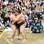 安青錦（左）と熱海富士の熱戦を見守る会場＝明石市大久保町松陰