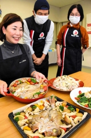 丸山地区の住民らが開発した献上鯛の一夜干しを使った料理＝南あわじ市阿那賀