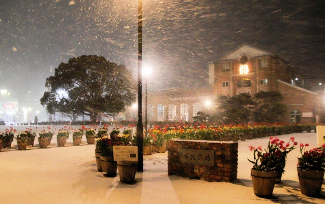 赤れんが倉庫を再生した商業施設に雪が吹きつけた＝２４日深夜、洲本市塩屋１