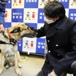 助かった男性の長男になでられるヤルク号＝南あわじ署
