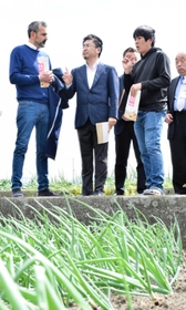 タマネギ農場を視察するイタリア・トロペア市のジョバンニ・マクリ市長＝南あわじ市神代地頭方