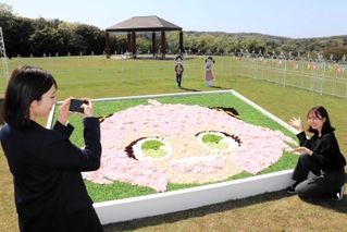 アニメの登場人物を模したフラワーアートなどが並ぶ写真撮影エリア＝淡路市楠本