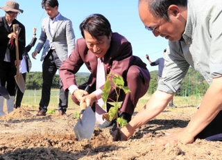 ブドウの苗を植えるパソナグループの南部靖之代表（右から２人目）とアドバイザーの大岡弘武さん（右端）＝淡路市野島常盤