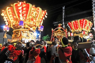 熱気あふれる練りを披露しただんじりとみこし＝淡路市室津