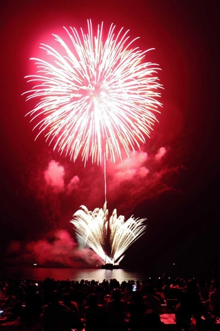 過去の花火大会で鮮やかな大輪が夜空を彩った＝南あわじ市、慶野松原海水浴場
