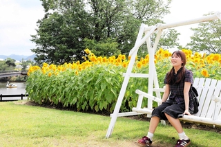 花びらが幾重にも重なる「東北八重」と写真を撮ることができるエリア＝淡路ファームパーク・イングランドの丘