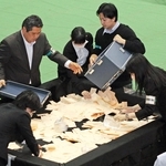 南あわじ市議選の開票作業をする市職員ら＝南あわじ市文化体育館
