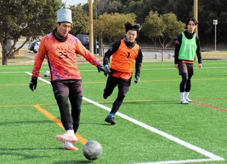 関西リーグ１部復帰を目指し、練習に励むＦＣ．ＡＷＪの選手＝県立淡路佐野運動公園
