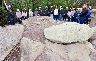 天井石が露出した郡家古墳を見学する児童ら＝淡路市郡家