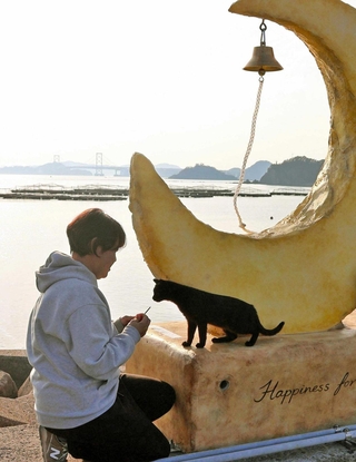 キッチンカー近くで、保護猫と触れ合う山内奈央美さん＝南あわじ市阿万塩屋町