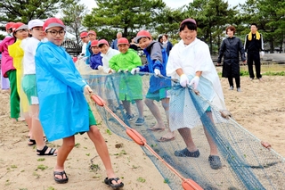 力を合わせて網を引く児童ら＝洲本市炬口