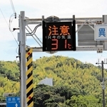 国道２８号の気温表示板。熱中症への警戒が必要な真夏日が続く＝洲本市安乎町平安浦