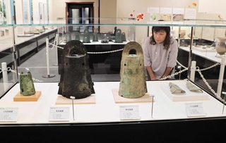 和歌山県で出土した銅鐸（手前）と松帆銅鐸（後ろ）が並ぶ特別展＝南あわじ市松帆西路