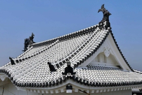化粧直しを終えた大天守に載せられた鯱瓦＝２０１４年４月１７日、姫路城
