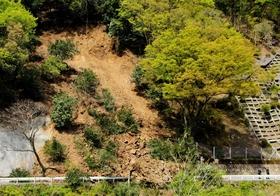 土砂崩れが起きた県道＝２５日午後、養父市大屋町糸原