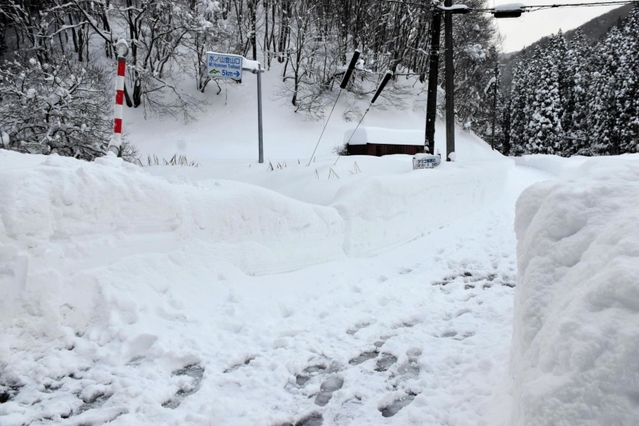 国道２９号から通じる氷ノ山の登山口。高さ１メートル以上の雪が積もり、地面が見えなかった＝宍粟市波賀町戸倉
