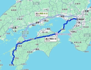 飲酒したとされる大阪・梅田から男が住む愛媛県愛南町までのルート例（Ｇｏｏｇｌｅマップより）