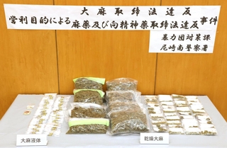 県警が押収した乾燥大麻など＝尼崎南署
