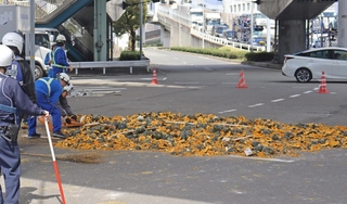 トレーラーが横転し、散乱した積み荷のカボチャ＝29日午後、神戸市中央区新港町
