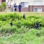 母娘遺体発見現場付近の栗栖川を調べる捜査員＝４日午前１１時１９分、たつの市新宮町段之上