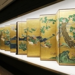 重要美術品の伝狩野孝信「桐鳳凰図屏風」（桃山－江戸時代、林原美術館蔵）の展示風景＝神戸市立博物館（撮影・中西大二）