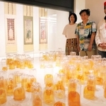 郡司ペギオ幸夫さん（中央）によるペットボトルの作品と、中村恭子さん（左）の日本画。右は松本直樹さん＝大阪市北区中之島４、大阪大学中之島芸術センター