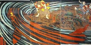 歌川国芳「鬼若丸の鯉退治」（１８４５年ごろ、個人蔵、後期展示）＝大阪市北区、大阪中之島美術館
