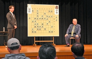 女流王位戦第１局の戦局を解説する神吉宏充七段（右）と徳田拳士四段＝姫路市西駅前町