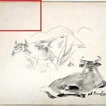 国吉康雄（中央）、近藤赤彦（右下）が牛を描いた色紙。２０２５年、兵庫県立美術館の調査で藤田嗣治の描画とサイン（左上）が認められた（兵庫県立美術館提供）