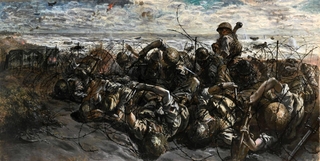 マレー半島に奇襲上陸した様子を描いた中村研一の「コタ・バル」（１９４２年、東京国立近代美術館・無期限貸与）