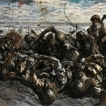 マレー半島に奇襲上陸した様子を描いた中村研一の「コタ・バル」（１９４２年、東京国立近代美術館・無期限貸与）