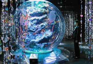 無数のクリスタルが水槽と響き合うインスタレーション＝神戸市中央区新港町