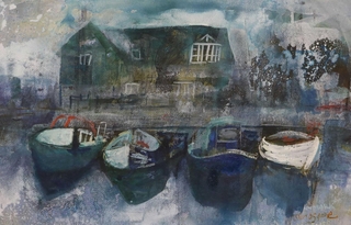 自宅で大切に保管していた風景画。デンマークの船着き場を描いたと思われる