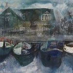 自宅で大切に保管していた風景画。デンマークの船着き場を描いたと思われる