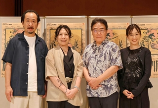 制作発表会見に出席した（左から）森好文、上原裕美、岩松了、樫村千晶＝尼崎市南塚口町３、ピッコロシアター