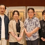 制作発表会見に出席した（左から）森好文、上原裕美、岩松了、樫村千晶＝尼崎市南塚口町３、ピッコロシアター