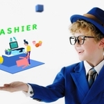 青い帽子、青いスーツ姿で金髪の少年が「見分ける技術」をＰＲする。彼の名は「Ｍｒ．グローリー」（グローリー提供）