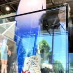 開館以来展示されている岡山恭崇さんのサイズ３５センチのシューズ。来館者に高い人気を誇る＝神戸市中央区港島中町７