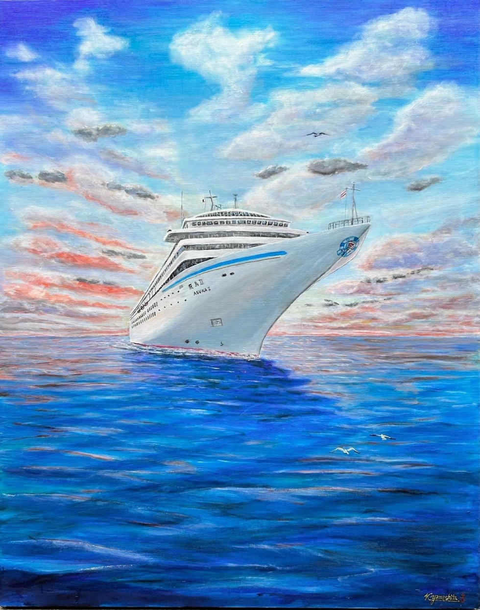 【真作】絵画　乙丸哲延　油彩4号　漁舟（オンフルール）　港の青い船　W160 真作】絵画 乙丸哲延 油彩4号 漁舟（オンフルール） 港の青い船