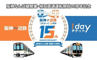 阪神なんば線開業15周年などを記念して発売する１ｄａｙチケットのデザイン（阪神電気鉄道提供）