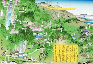 明治１０年代の布引遊園地を描いた墨絵。茶屋が立ち並び行楽地のにぎわいを伝える＝原画提供：前田康男氏。着彩：小代薫建築事務所・鬣俊（たてがみ・しゅん）