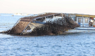 網を引き上げ、ノリを刈り取る収穫用の「潜り船」＝２０２３年１２月、明石市魚住町沖