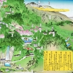 明治１０年代の布引遊園地を描いた墨絵。茶屋が立ち並び行楽地のにぎわいを伝える＝原画提供：前田康男氏。着彩：小代薫建築事務所・鬣俊（たてがみ・しゅん）