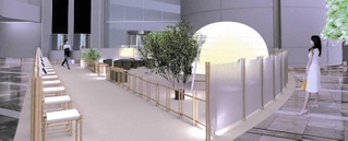 大阪ヒルトンプラザで企画した伝統文化イベント会場のパース。外露地から中門、内露地を経て球状の茶室に入るという伝統的構成を展開した（設計：小代薫建築事務所）