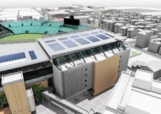 甲子園球場外周に建屋（中央）を新設し、屋上の柱が新たな「銀傘」を支えるイメージ。銀傘の上には太陽光パネルも設ける（阪神電気鉄道提供）