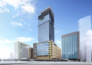 アシックスの新本社が入る高層ツインタワー１期ビルの完成イメージ（同社提供）