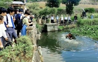 カッパのガジロウが出没する辻川山公園など、午前中は福崎町の観光スポットを巡った＝兵庫県福崎町西田原（福伸電機提供）